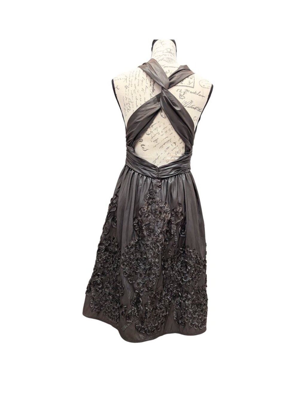 Adrianna Papell Boutique Brown Halter Open-Back 3D Ribbon Appliqué Dress 6 - Picture 3 of 9